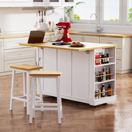 53inch Large Kitchen Island with Drop Leaf, Power Outlet, Door Internal Storage Rack, Rolling Kitchen Cart on 5 Wheels with 5 Open Side Racks for Kitchen, Dining Room,White(Not include bar stools)