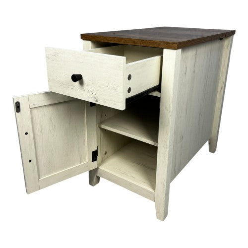 Brown White Farmhouse Nightstand with Charging Station