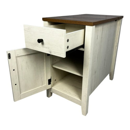 Brown White Farmhouse Nightstand with Charging Station