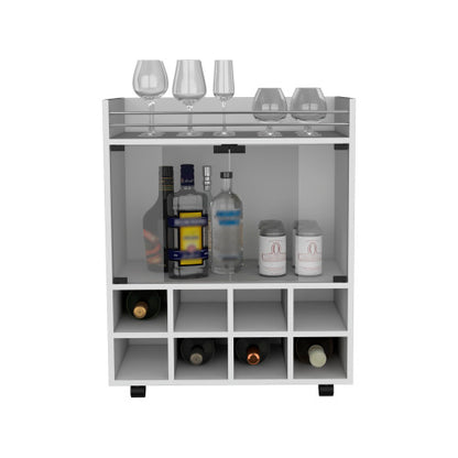 32 inch H white bar- coffee cart, Kitchen or living room cabinet storage with 4 wheels, with 8 bottle racks, a central shelf covered by 1 glass door, ideal for storing glasses and snacks