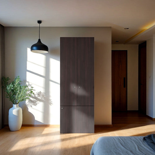 3-Door Tall Wardrobe Cabinet with 4 Shelves – Freestanding Storage Armoire for Bedroom or Entryway, Stained Walnut