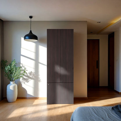 3-Door Tall Wardrobe Cabinet with 4 Shelves – Freestanding Storage Armoire for Bedroom or Entryway, Stained Walnut