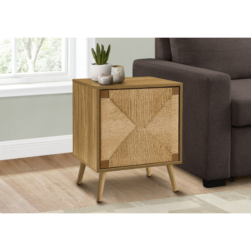 Light Walnut Accent Table Seagrass Door Storage Cabinet with Shelf
