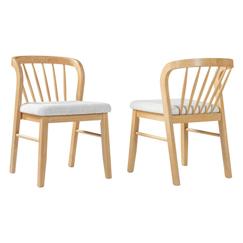 Set of 2 Mid-Century Rubber Wood Dining Chairs, Windsor Spindle Back, Natural Frame + Beige Upholstered Seat, 275lbs