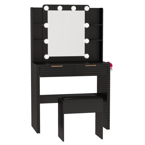 Makeup Vanity Desk with 10 Hollywood Bulbs, Fluted Dressing Table with Charging Station, 2 Drawers and 4 Open Shelves, Hairdryer Holder, Padded Stool with Storage , Black