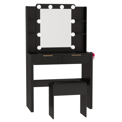 Makeup Vanity Desk with 10 Hollywood Bulbs, Fluted Dressing Table with Charging Station, 2 Drawers and 4 Open Shelves, Hairdryer Holder, Padded Stool with Storage , Black