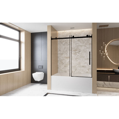 Frameless Single sliding shower door 56-60 "W x 60" H, 1/4 "(6 mm) Clear Tempered Glass, Explosion Proof Film, Stainless Steel Handle,Square Tube Track ,Matte Black