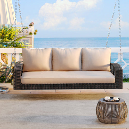 GO 69" PE Wicker 3-Person Porch Swing with Chains, Large Patio Swing Bench with Cushions for Backyard