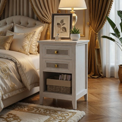 17.7" White Rattan Nightstand - Boho Bedside Table w/ 2 Drawers & Shelf