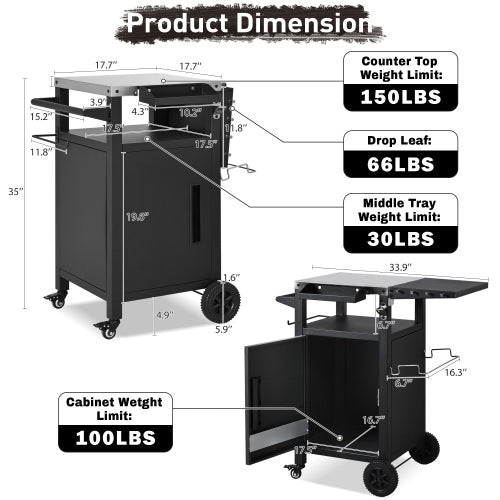 33.9 inch Outdoor Grill Cart with Drop Leaf, Outdoor Metal Bar Cart Pizza Oven Table with Wheels, Stainless Steel Top, Outdoor Kitchen Island with Storage Cabinet & Spice & Paper Rack for BBQ, Waterpr