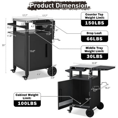 33.9 inch Outdoor Grill Cart with Drop Leaf, Outdoor Metal Bar Cart Pizza Oven Table with Wheels, Stainless Steel Top, Outdoor Kitchen Island with Storage Cabinet & Spice & Paper Rack for BBQ, Waterpr