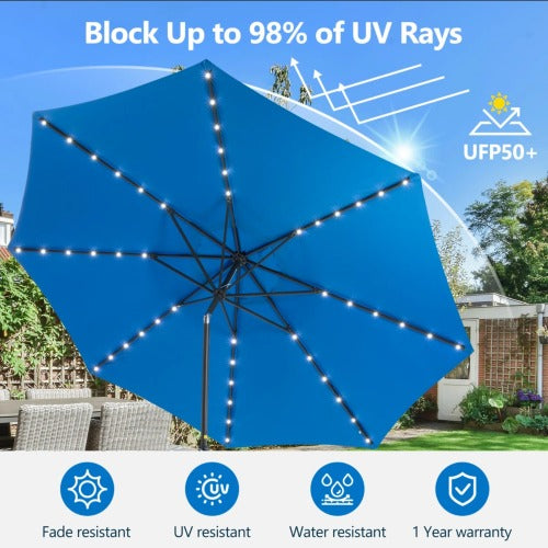 11 Feet Blue Solar LED Patio Umbrella with Crank Lift , Tilt * 8 Ribs, UV-Resistant Canopy for Pool, Backyard & Patio (Without base)
