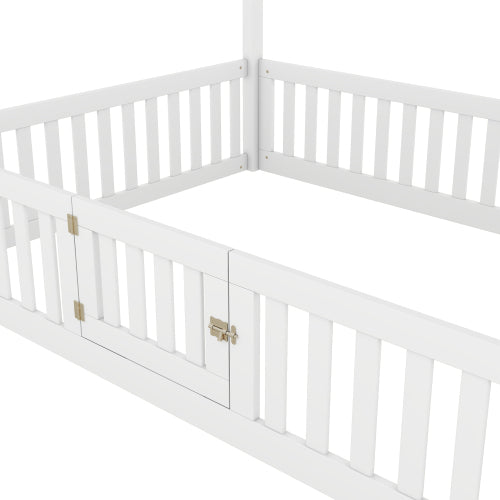 Full Size Wood House Bed with Fence and Door, White