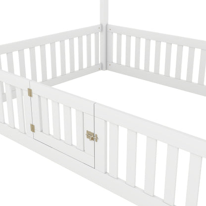 Full Size Wood House Bed with Fence and Door, White