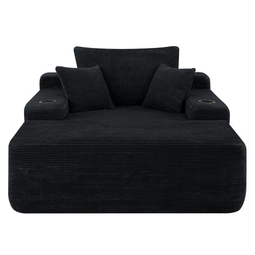 Black Convertible Corduroy Boneless Chaise Lounge Sleeper Sofa-Bed Wide Armrest Cup-Holder & Throw Pillows No-Assembly