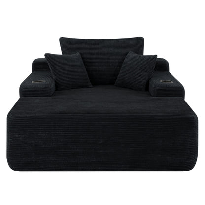 Black Convertible Corduroy Boneless Chaise Lounge Sleeper Sofa-Bed Wide Armrest Cup-Holder & Throw Pillows No-Assembly