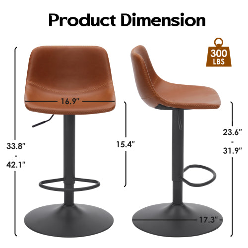 Adjustable Bar Stools Set of 2, Mid Century Modern Swivel Bar Stools, Industrial Bar Height Stools With Back Support Counter Height Bar Chairs Pu Leather Bar Stool for Kitchen Island Rustic Barstools