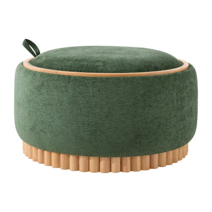 29 Inch Green Chenille Round Storage Ottoman, Reversible Tray Lid Ottoman with Rubberwood Base, No Assembly Needed