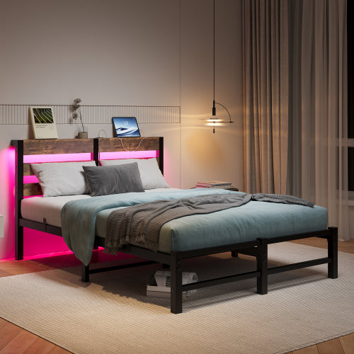 Full Size  Metal Bed Frame with Wooden Headboard, RGB Lights,  Charger, Storage Shelf, Noise-Free, No Box Spring Needed,Rustic Brown