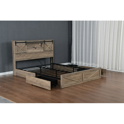 Farmhouse Bed Frame Queen Size with LED Lights and Charging Station, Wooden Queen Bed with 2 Storage Drawers, Rustic Headboard with Sliding Barn Door Storage Cabinets
