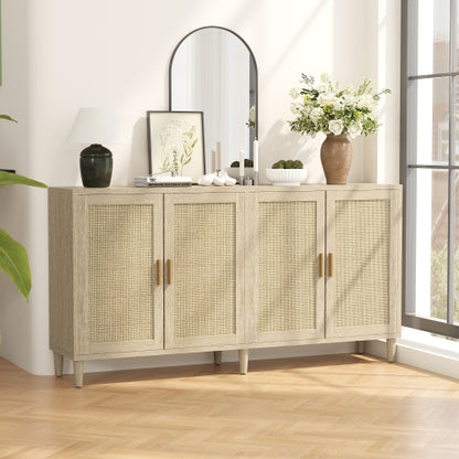 70 Inch Natural Rattan 4-Door Sideboard Adjustable Shelf Storage Cabinet With Solid Wood Legs Easy Assembly