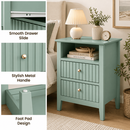 Green Fluted Nightstand with Soft-Close Drawers