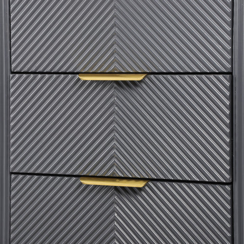 Mid-Century Fluted 3 Drawers Nightstand, Bedside Table with Curved Profile Design and Wide Gold Glossy Handles, End Table for Living Room, Bedroom, Easy Assembly, Dark Gray