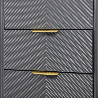Mid-Century Fluted 3 Drawers Nightstand, Bedside Table with Curved Profile Design and Wide Gold Glossy Handles, End Table for Living Room, Bedroom, Easy Assembly, Dark Gray