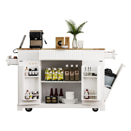 K Fluted Kitchen Island with Trash Can Storage Cabinet, Power Outlet, Internal Storage Rack, Rolling Kitchen Islands on 5 Wheels with 3 Drawer