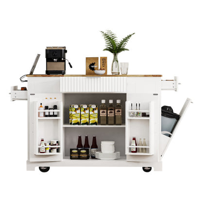 K Fluted Kitchen Island with Trash Can Storage Cabinet, Power Outlet, Internal Storage Rack, Rolling Kitchen Islands on 5 Wheels with 3 Drawer
