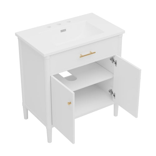 31" Bathroom Vanity with Sink, Bathroom Cabinet with Soft Close Doors and Adjustable Shelf, Curved Profile Design, Rubber Wood Legs, White