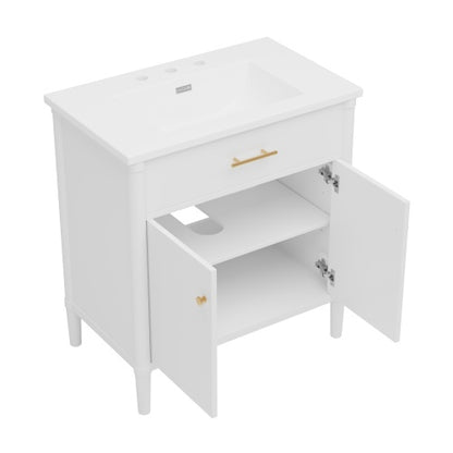 31" Bathroom Vanity with Sink, Bathroom Cabinet with Soft Close Doors and Adjustable Shelf, Curved Profile Design, Rubber Wood Legs, White