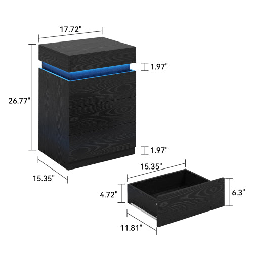 Modern Nightstand with LED Lighting and Charging Station, 3 Drawers