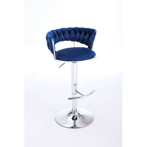 Set of 2 Bar Stools,with Chrome Footrest and Base Swivel Height Adjustable Mechanical Lifting Velvet + Chrome  Leg Simple Bar Stool-BLUE