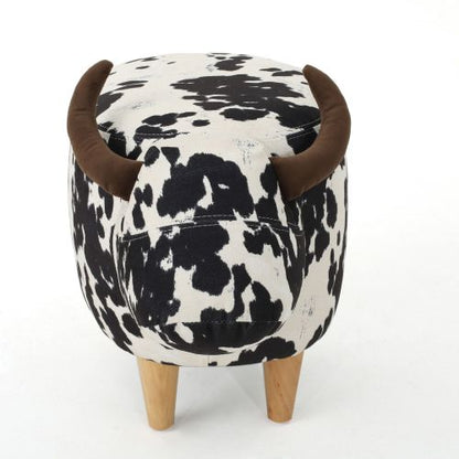 Black & White Cow Shaped Animal Ottoman, Fabric Footstool with Velvet Horns & Natural Birch Legs for Indoor & Outdoor Decor