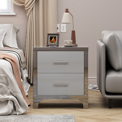 High Gloss Mirrored Nightstand with 2 Drawers,Modern End Table with Drawers,Mirrored High Gloss Wood Nightstand Metal Handle Bedside End Table for Bedroom, Dorm,Living Room,Grey