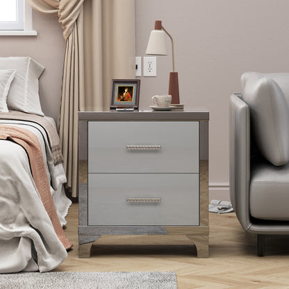 High Gloss Mirrored Nightstand with 2 Drawers,Modern End Table with Drawers,Mirrored High Gloss Wood Nightstand Metal Handle Bedside End Table for Bedroom, Dorm,Living Room,Grey
