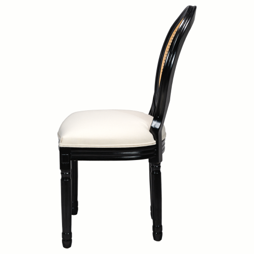 Set of 2 Beige Fabric French Country Rattan Round Back Dining Chairs, Black Solid Wood Frame Disassemblable Chairs