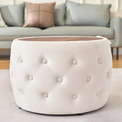Beige 2-Piece Velvet Nesting Storage Ottoman Set, 4-in-1 Round Foot Stool with Wood Tray, Fully Assembled