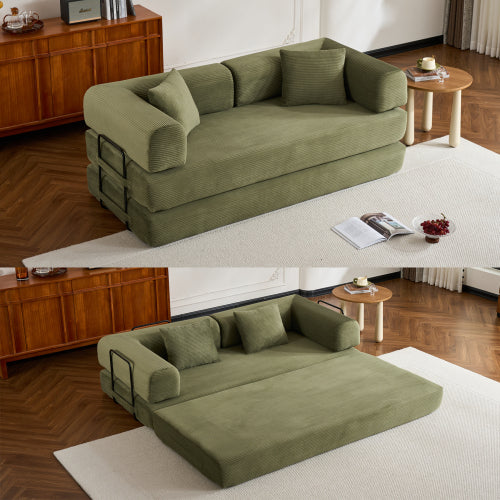 Green Corduroy Convertible Sleeper Sofa Bed with Cylindrical Pillow