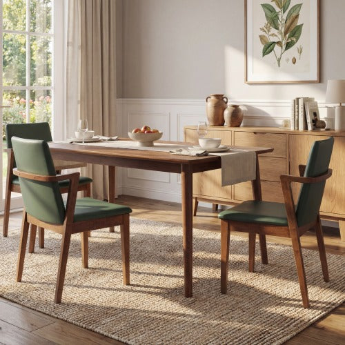Set of 2 Mid-Century Green PU Arm Dining Chairs, Walnut Rubber Wood Frame 250lbs Capacity