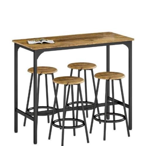 5-Piece Rustic Brown & Black Counter Set, MDF Table & 4 Metal Frame Stools with Foot Pads