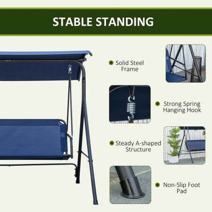 Outsunny 3-Person Porch Swing Bench with Stand & Adjustable Canopy, Armrests, Steel Frame for Outdoor, Garden, Patio, Porch & Poolside, Dark Blue