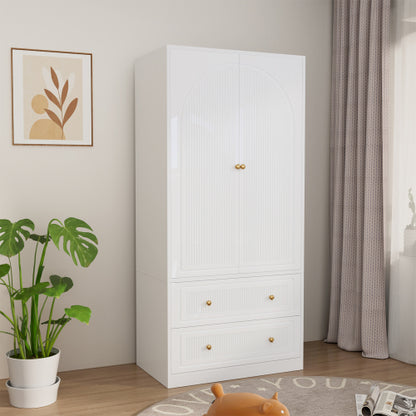 Armoire Wardrobe Closet, Wooden Cloth Storage Organizer with 2 Storage Drawers and Removable Hanging Rods, White