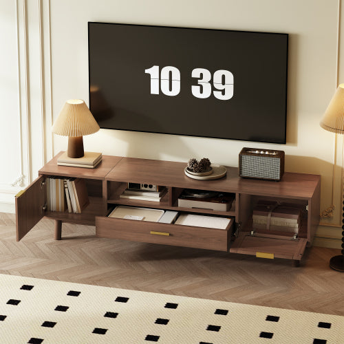 66.9 Inch Dark Brown Rattan TV Stand with Soft-Closing & Drop-Down Doors for 75 Inch TV