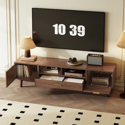 66.9 Inch Dark Brown Rattan TV Stand with Soft-Closing & Drop-Down Doors for 75 Inch TV