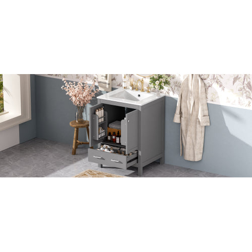 24-inch bathroom vanity with integrated undermount basin and a storage cabinet featuring 2 doors and 1 drawer. Includes double-layer door shelf, soft-close design, and versatile storage solutions