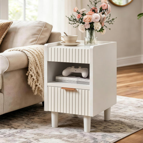 2 Pack White Fluted Nightstand, Integrated Base Bedside Table with Drawer & Open Cubby