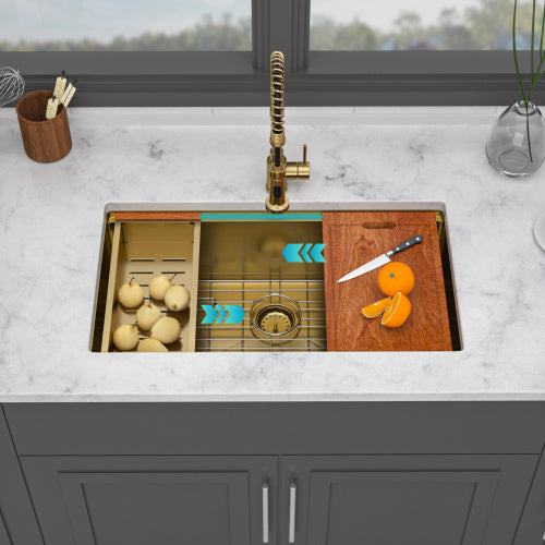 Undermount Workstation Gold Kitchen Sink - 30" x 19" x 10" Inch Stainless Steel 16 Gauge Deep Single Bowl Sink