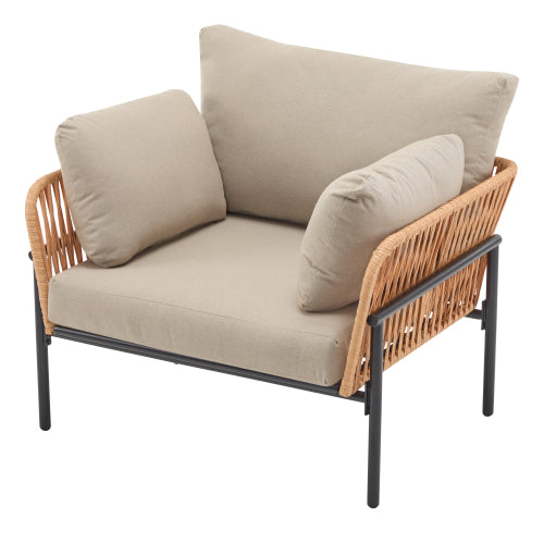 36" Beige and Light Wood-Tone Rope Iron Lounge Chair with Cushions, Perfect for Natural and Modern Spaces